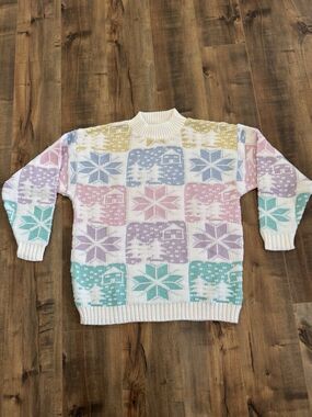 Spunky Vintage 80s Sweater Multicolor Pastel Patchwork Knit Christmas Women’s
